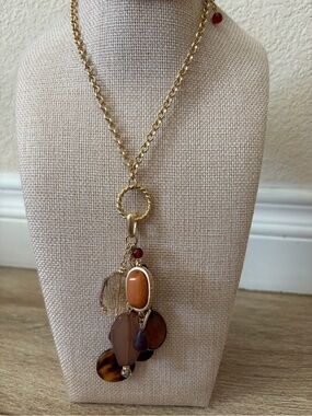 Chico’s Gold Pendant Necklace w/Orange & Brown Stone Accents~ matching earrings
